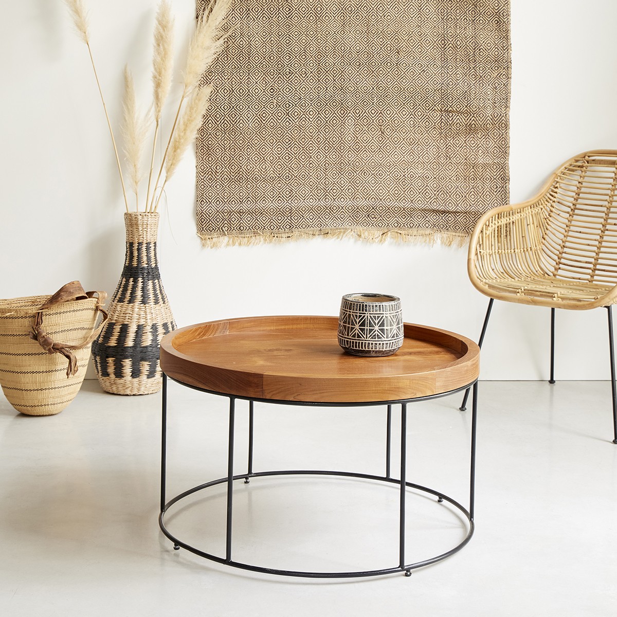 Table Basse ronde INDUS en bois de teck et métal