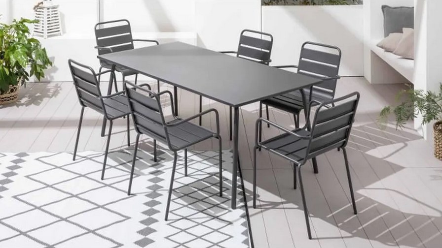 Table de jardin PALAVAS et 6 fauteuils acier gris
