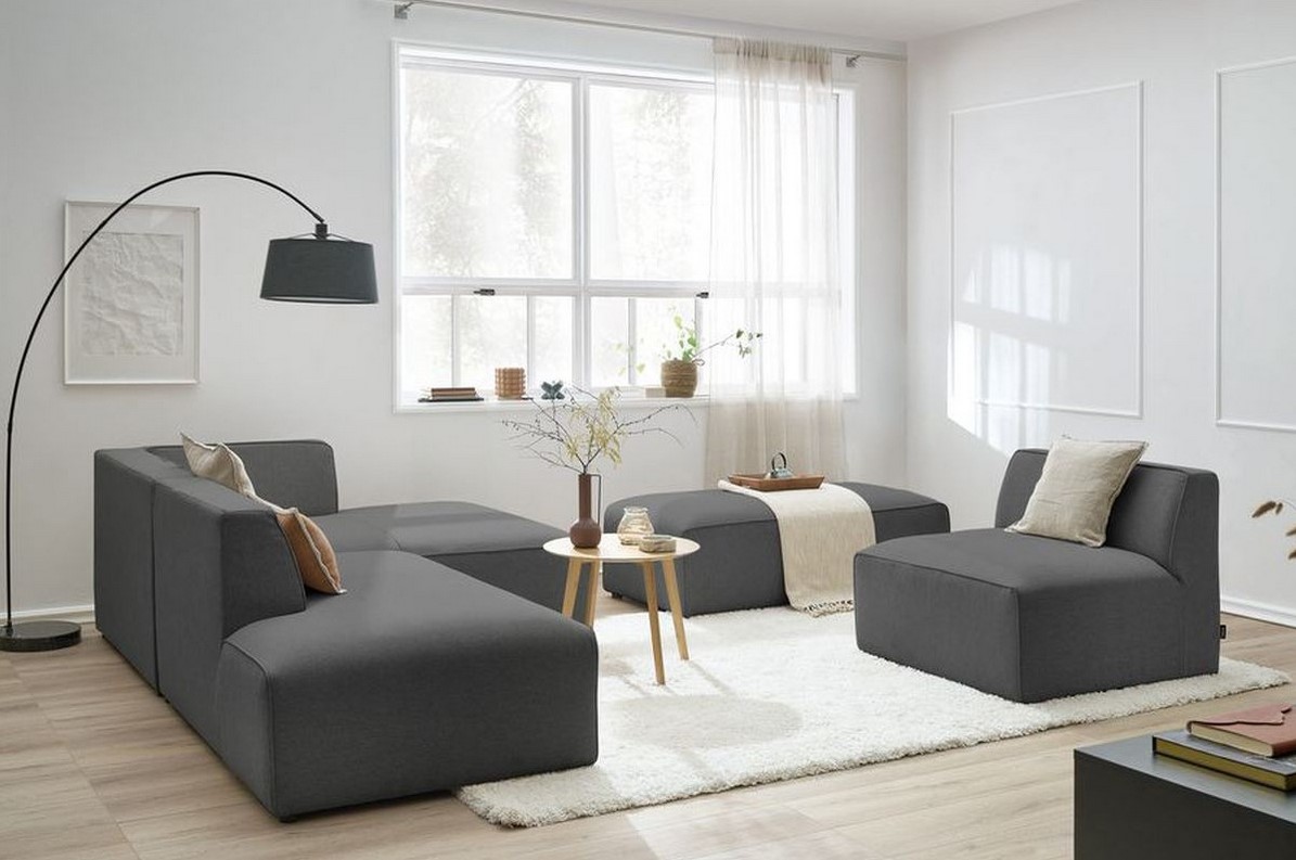 BOBOCHIC Canapé d'angle fixe modulable MEGEVE tissu lisse avec 1 chauffeuse et 1 pouf