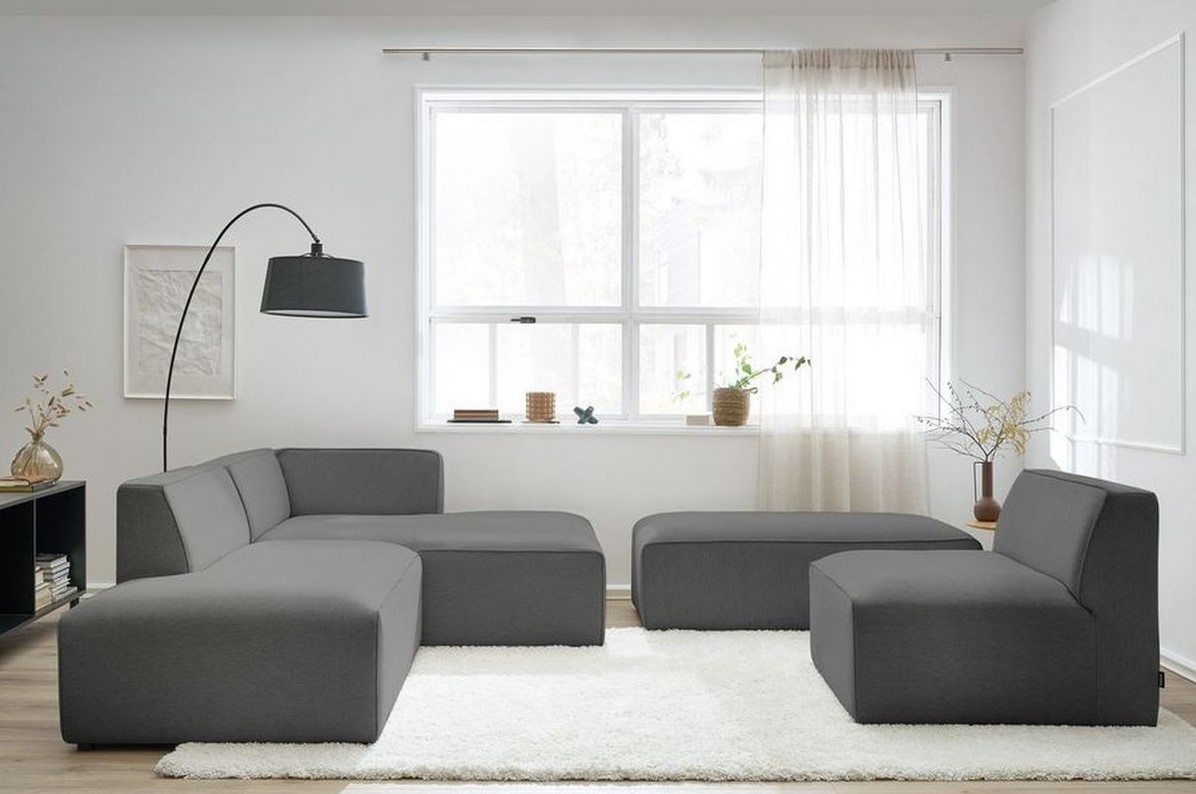 BOBOCHIC Canapé d'angle fixe modulable MEGEVE tissu lisse avec 1 chauffeuse et 1 pouf