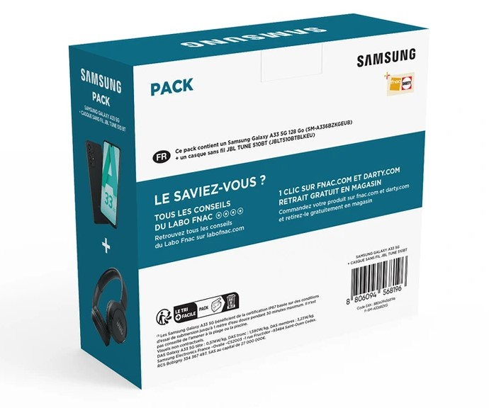 Smartphone Samsung Pack A33 128Go Noir 5G + Casque JBL Tune 510 Noir