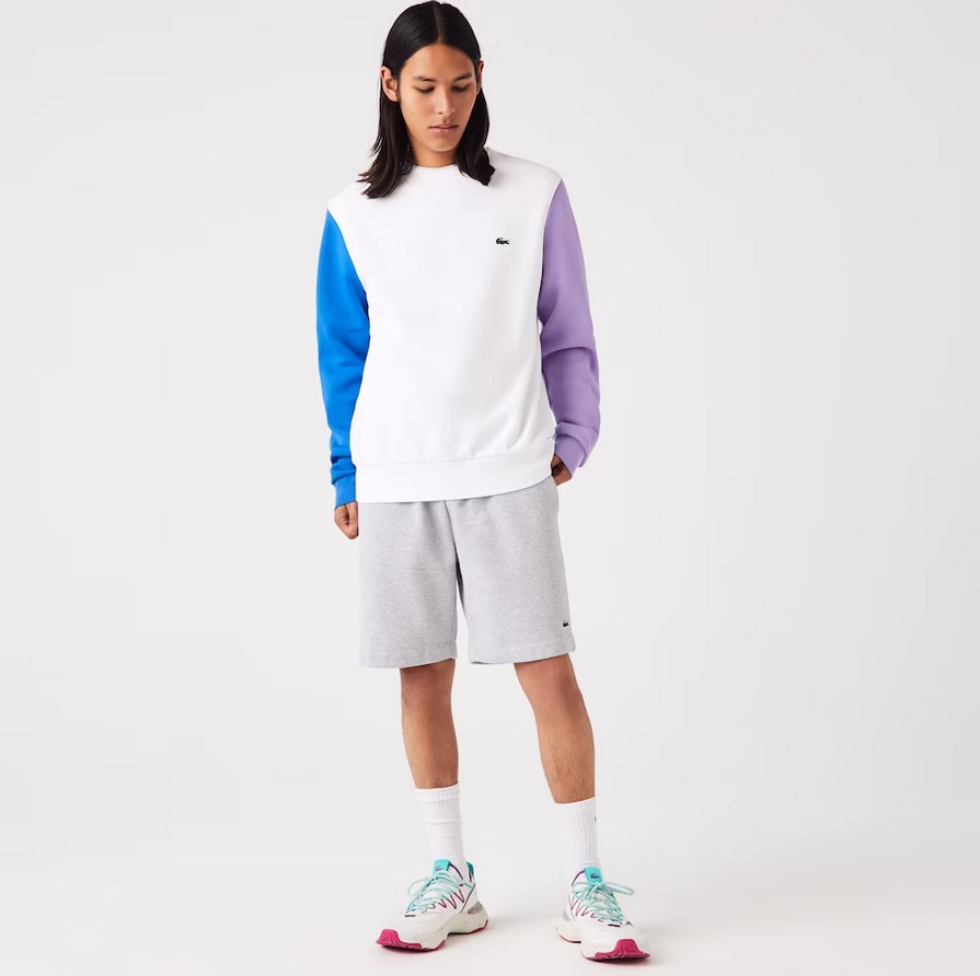 Sweatshirt Homme Lacoste en molleton gratté manches contrastées Blanc/Bleu/Violet