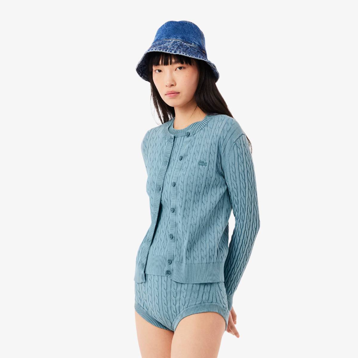 Cardigan en maille torsadée Femme Lacoste effet délavé Bleu