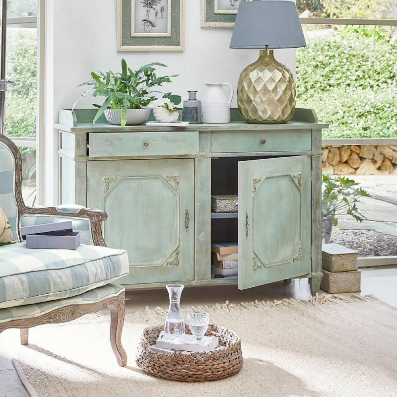 Commode MERVELIQUE Bois de pin et Sapin gris vieilli/bleu - Loberon