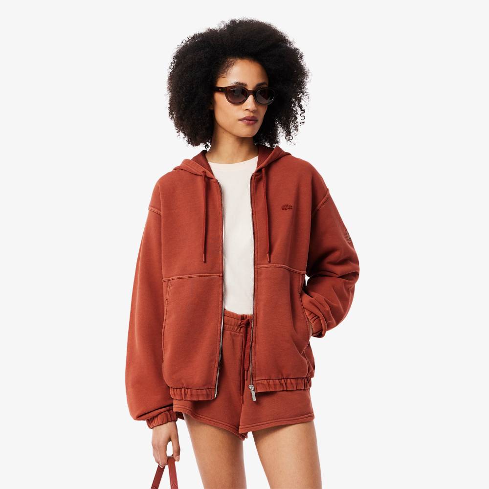Sweatshirt oversize zippé Femme Lacoste effet délavé marron