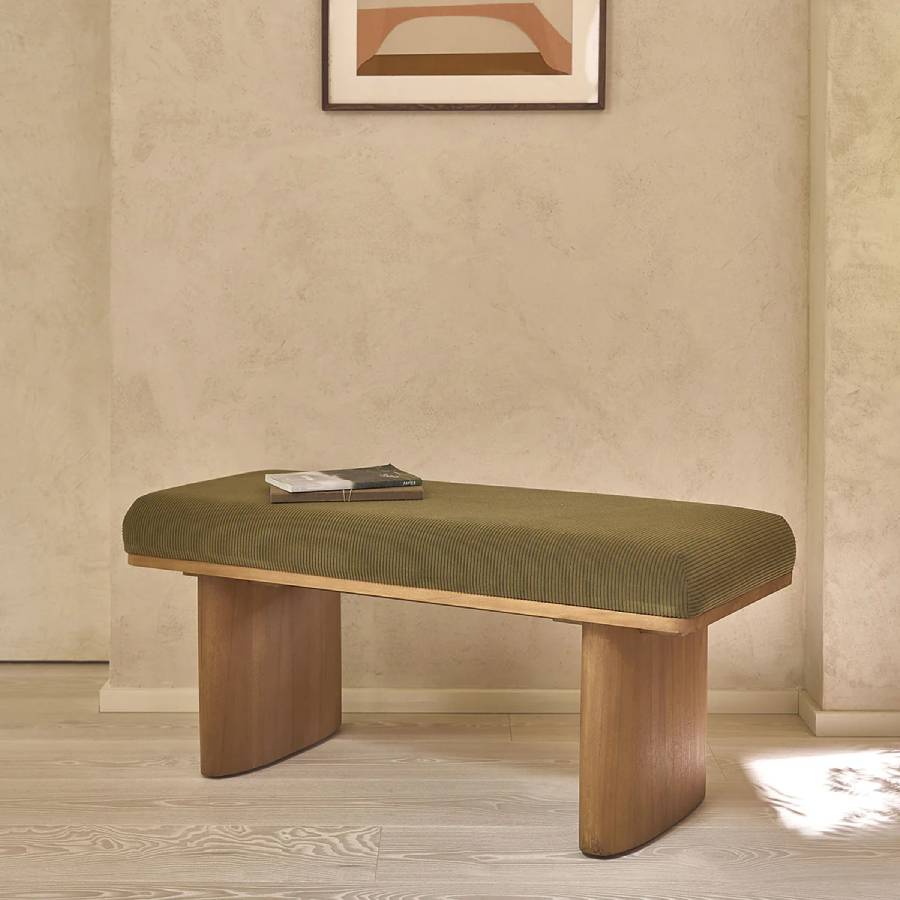 Banc AMBRE en teck massif et tissu velours cotelé vert 100 cm - Berah Getah