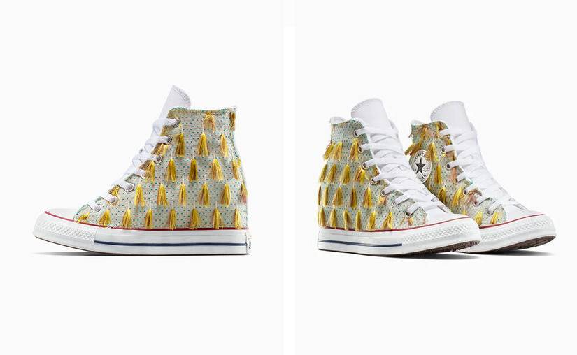 CONVERSE Chuck Taylor All Star Wedge Platform Tassels Baskets Montantes Femme Pampilles blanches et jaunes