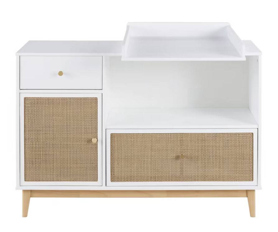 Commode Enfant YSEE compatible plan à langer 1 porte 2 tiroirs blanche et cannage en rotin - Maisons du Monde