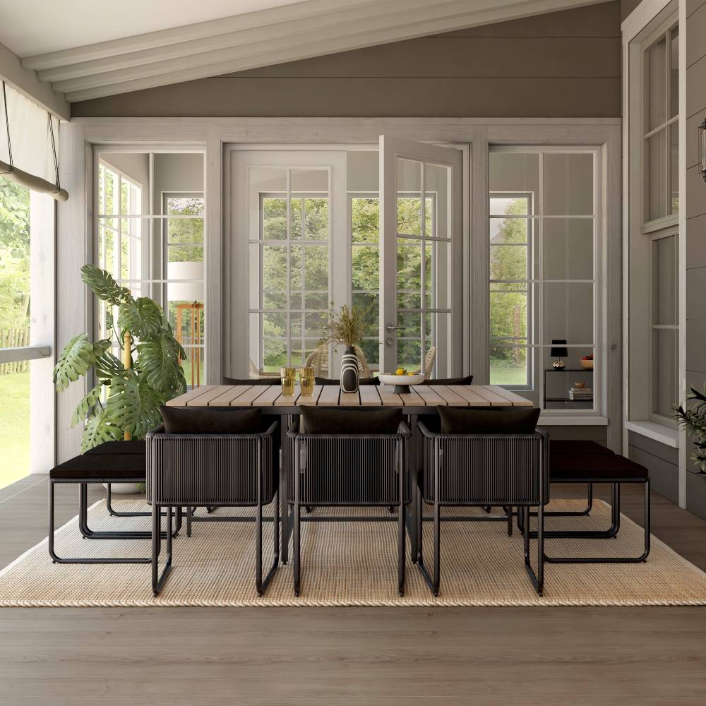 Ensemble de Jardin SWANN Table en composite imitation teck 6/10 personnes avec Fauteuils et Tabourets en résine noire - Maisons du Monde