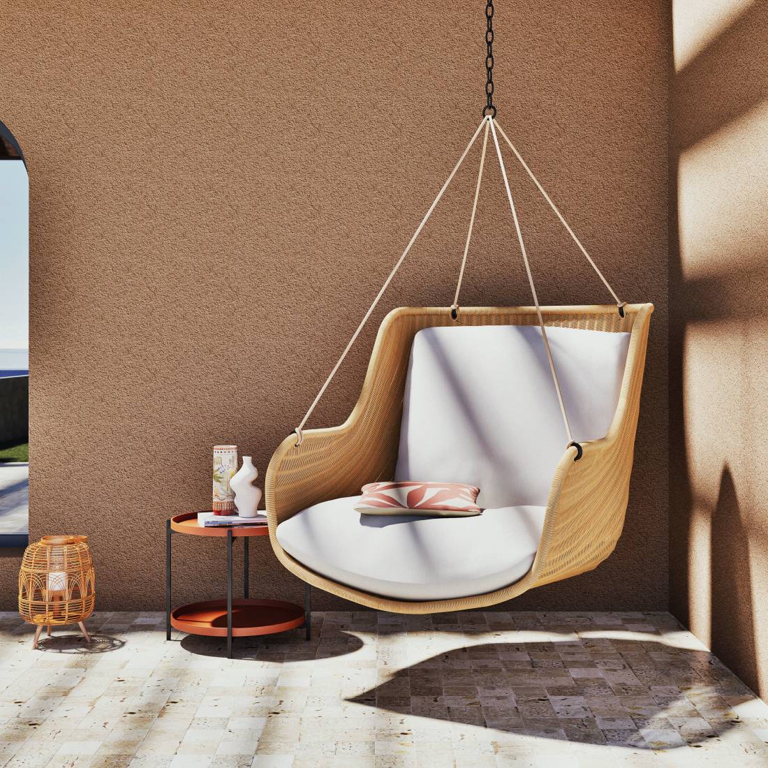 Fauteuil suspendu extérieur MALVA en résine et coussin en polyester recyclé blanc - Maisons du Monde