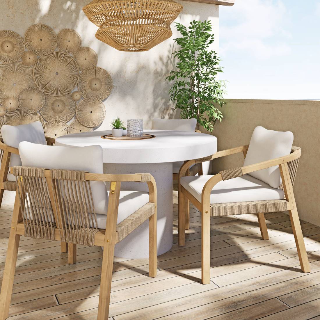 Fauteuils à dîner de jardin BARCARES en bois d'acacia massif et coussins en polyester recyclé écru (x2) - Maisons du Monde