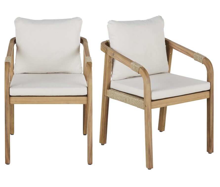 Fauteuils à dîner de jardin BARCARES en bois d'acacia massif et coussins en polyester recyclé écru (x2) - Maisons du Monde