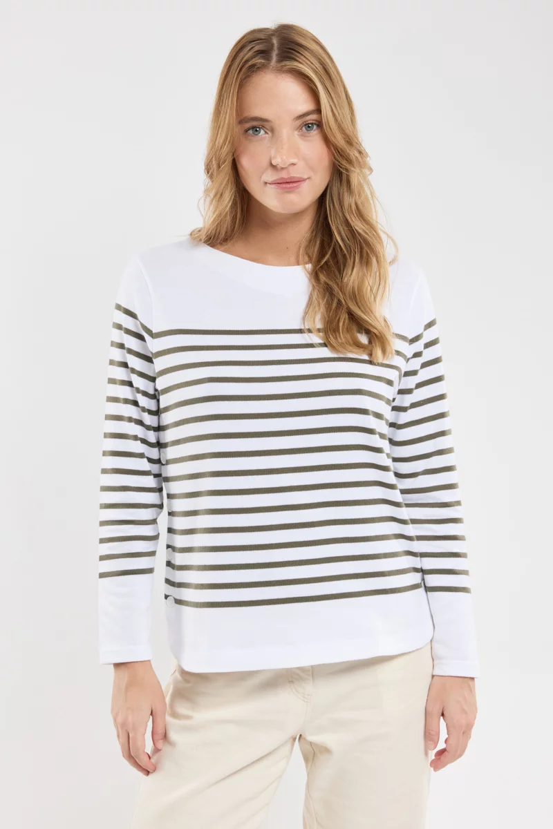 Marinière côtés boutonnés Femme Armor Lux coton rustique Blanc/Caccia