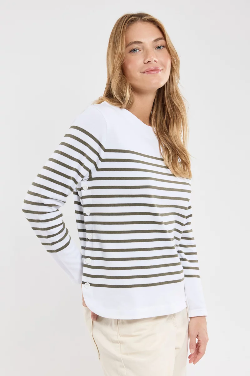 Marinière côtés boutonnés Femme Armor Lux coton rustique Blanc/Caccia