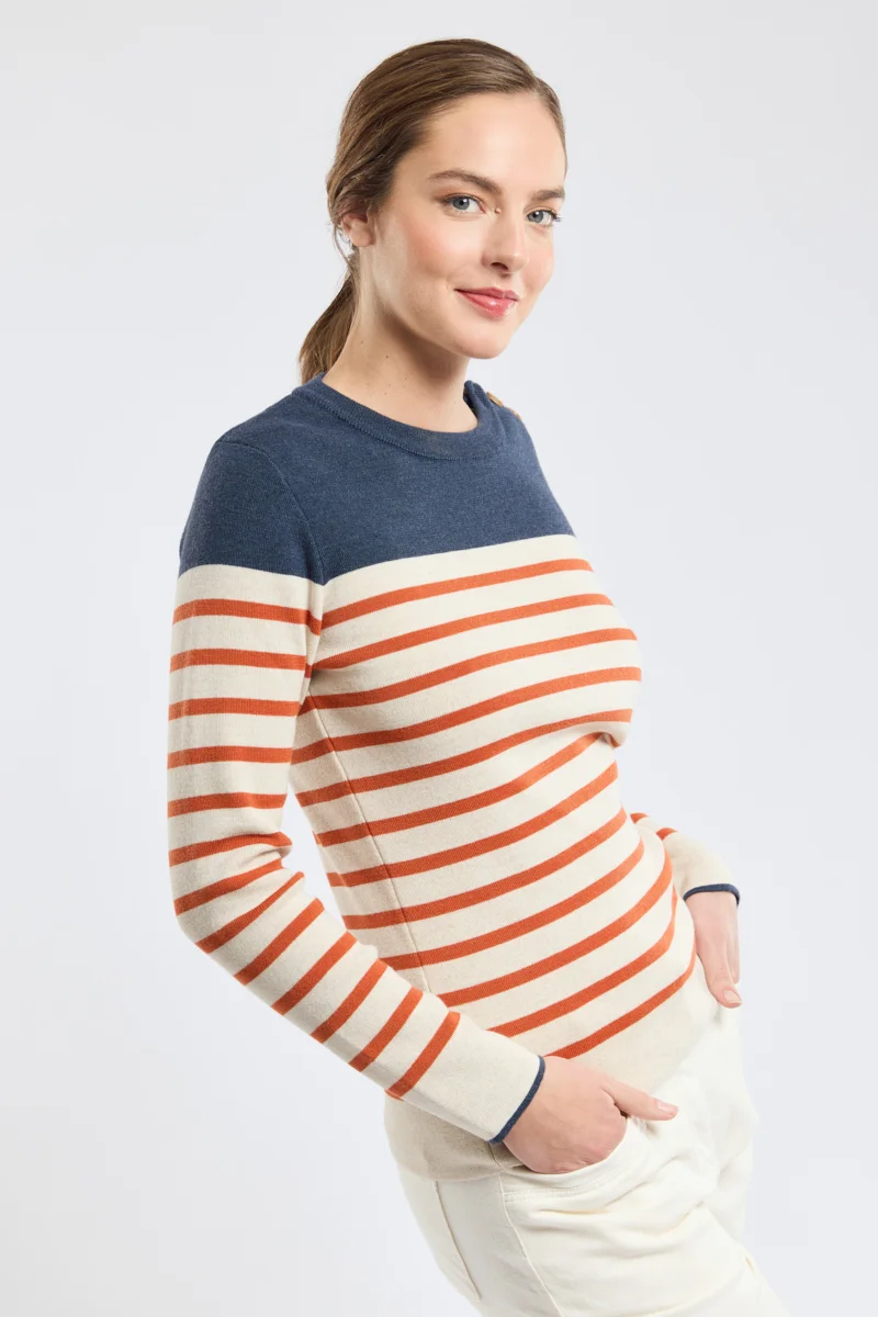Pull marin rayé Femme Armor-Lux en laine Tomate/Nature/Aviso