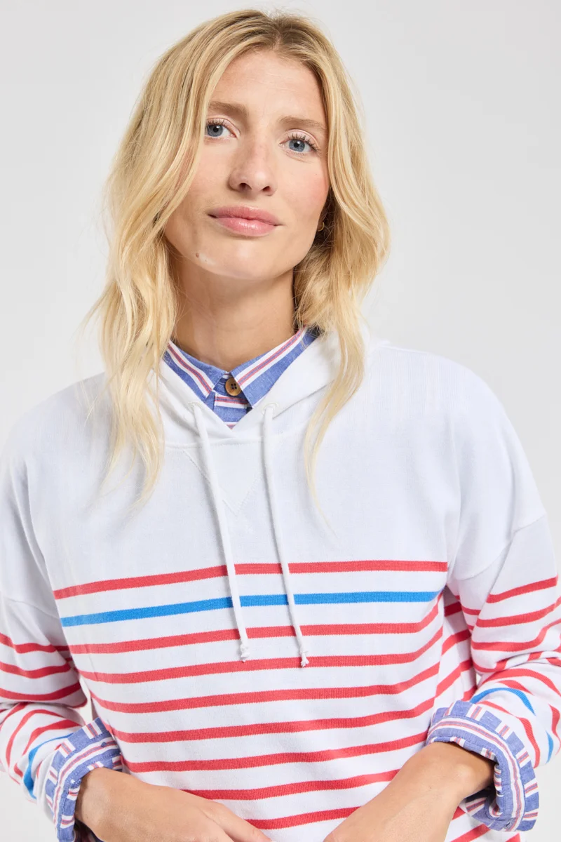 Sweat rayé à capuche Femme Armor Lux coton rustique Blanc/Tomato/Blue Saphir