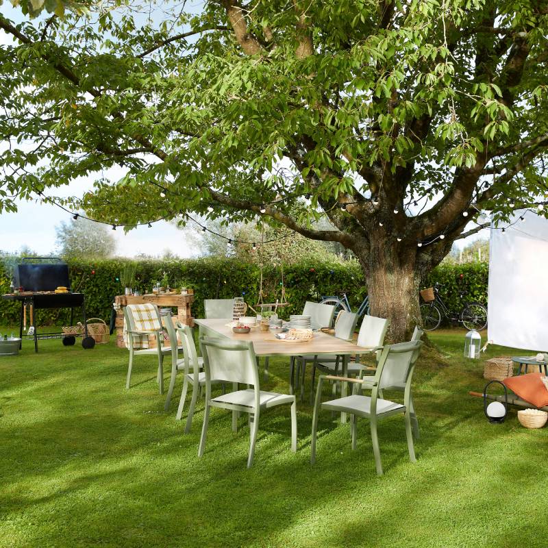 Table de jardin ROWA GoodHome 10 personnes en aluminium coloris vert et imitation bois - Castorama