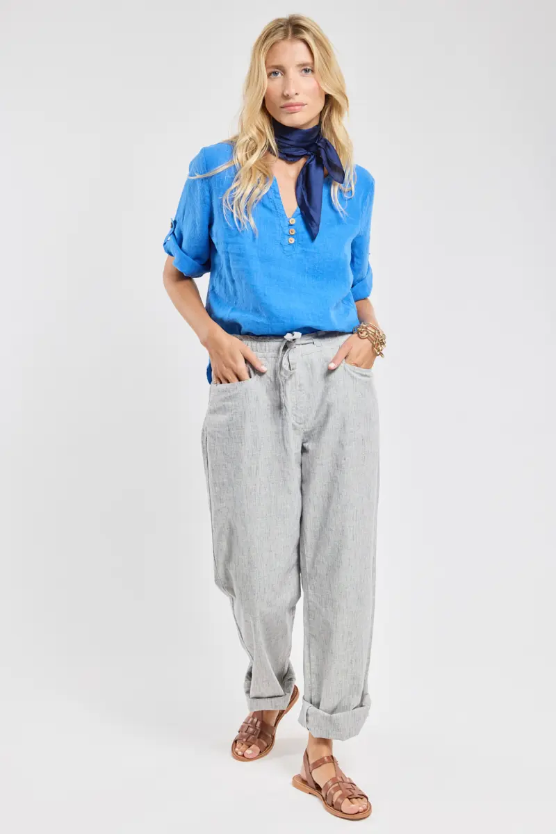Top col boutonné Femme Armor Lux lin Bleu Saphir