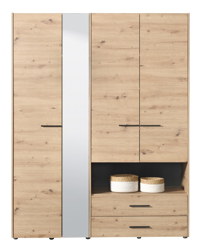 Armoire LEON avec miroir, étagères, penderie et tiroirs imitation chêne et noir