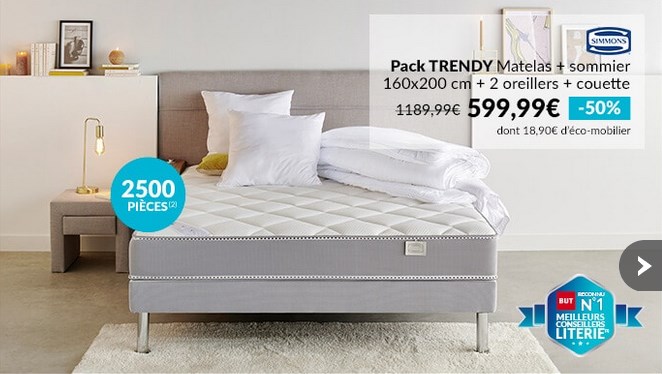 PACK TRENDY Matelas + sommier 160x200 cm SIMMONS + 2 oreillers + couette