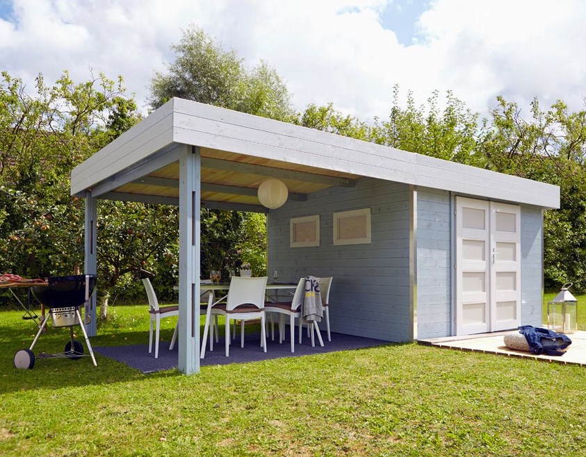 Abri de jardin bois toit plat + auvent Lounj 20.37 m²
