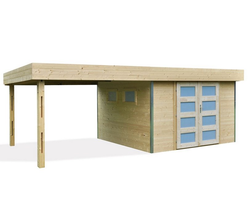 Abri de jardin bois toit plat + auvent Lounj 20.37 m² Ep. 28 mm 