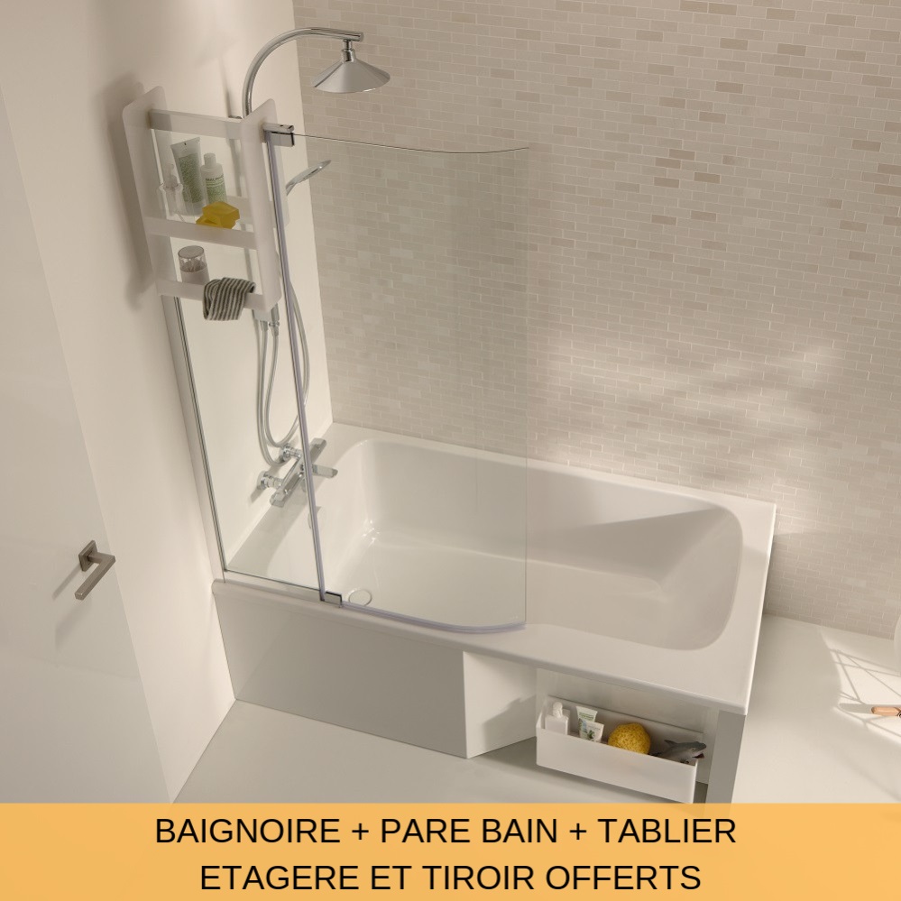 Jacob Delafon Ensemble baignoire bain douche Malice + pare bain + tablier 