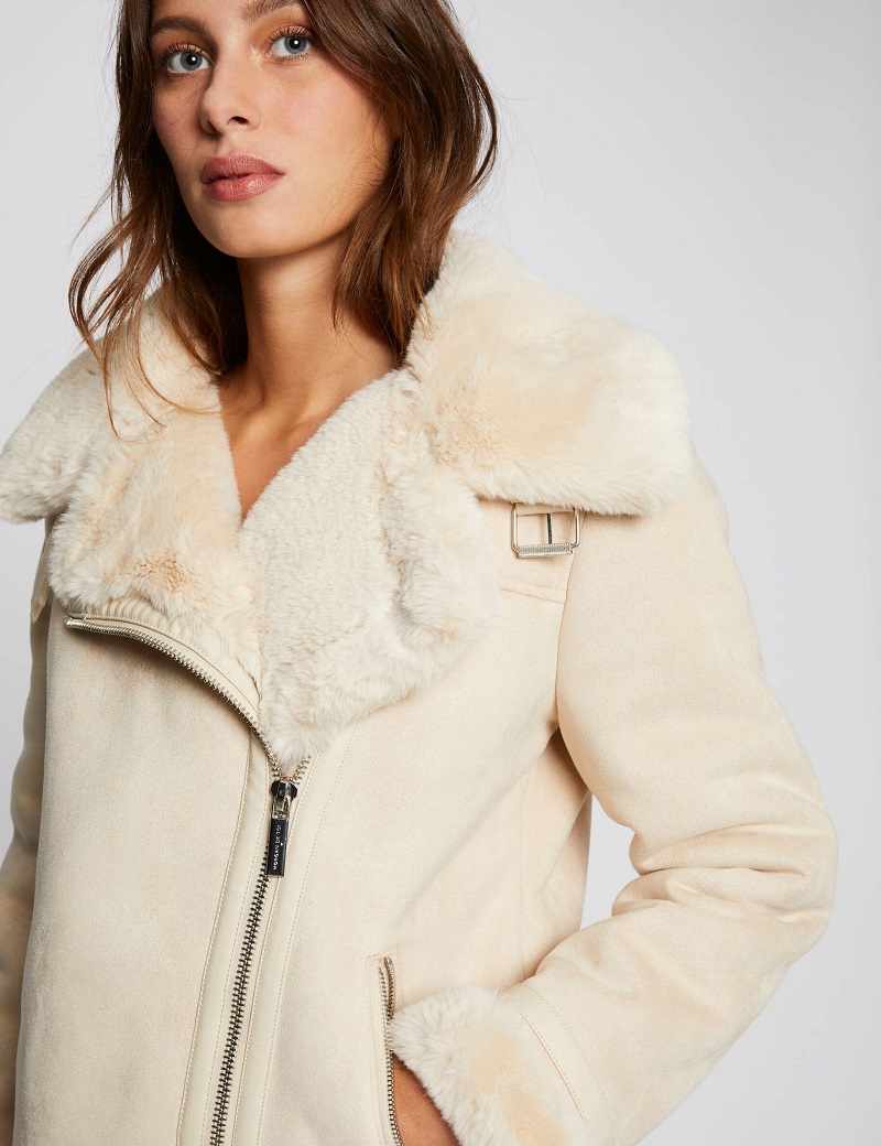 Manteau droit imitation fourrure beige Morgan Manteau Femme