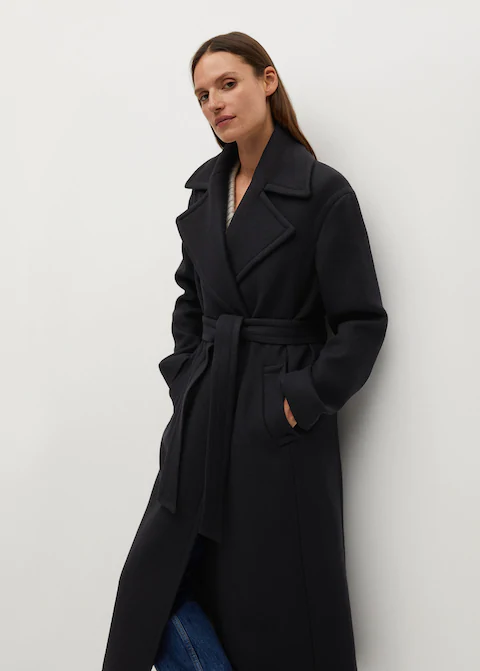 manteau long noir en laine avec ceinture