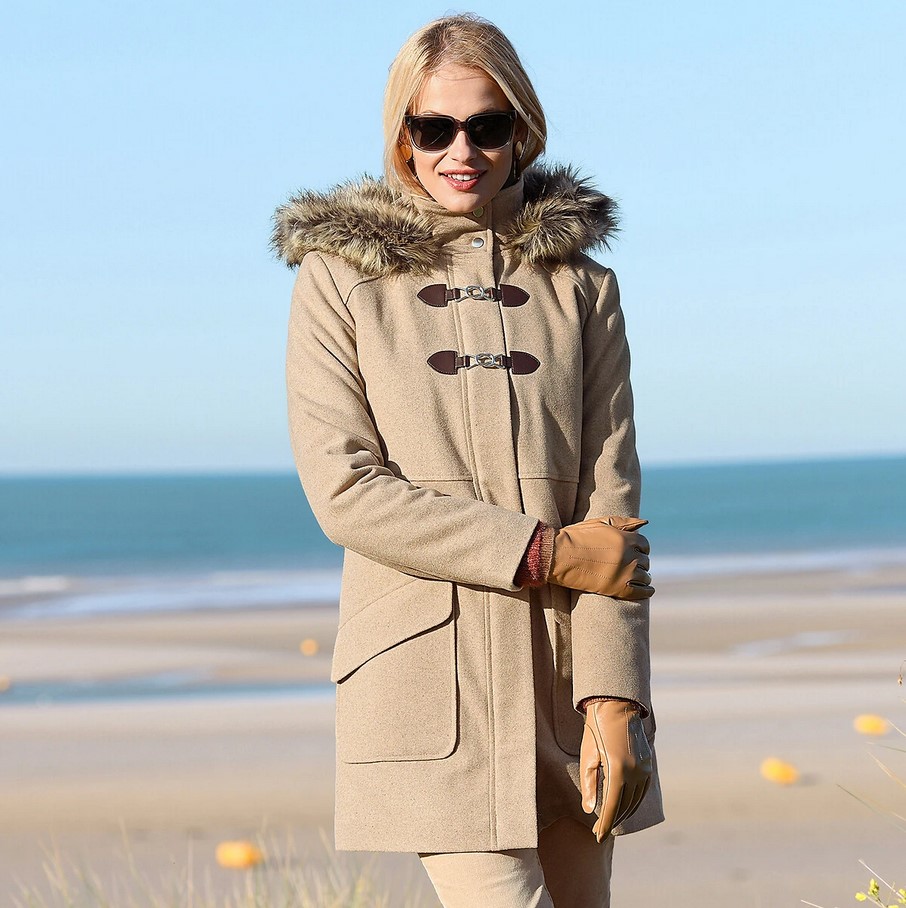 Manteau mi-long ANNE WEYBURN à capuche fermeture zippée Beige Chiné