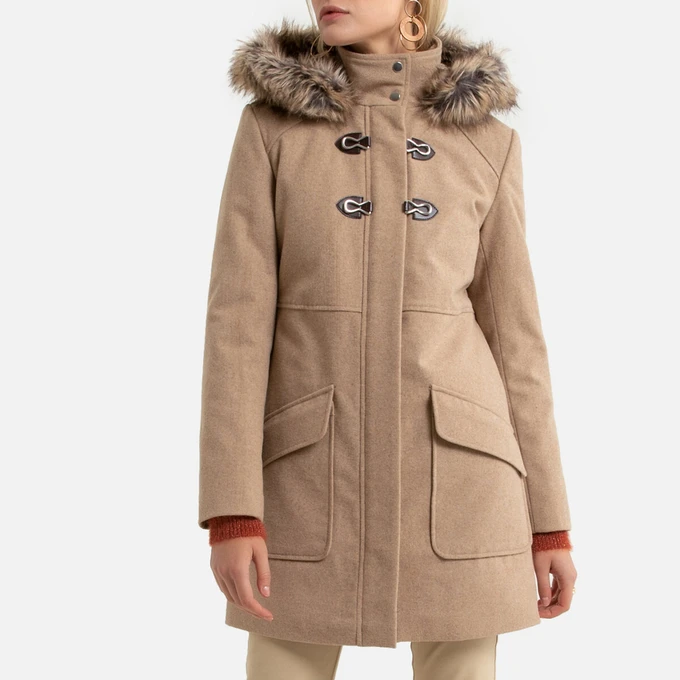 Manteau mi-long ANNE WEYBURN à capuche fermeture zippée Beige Chiné