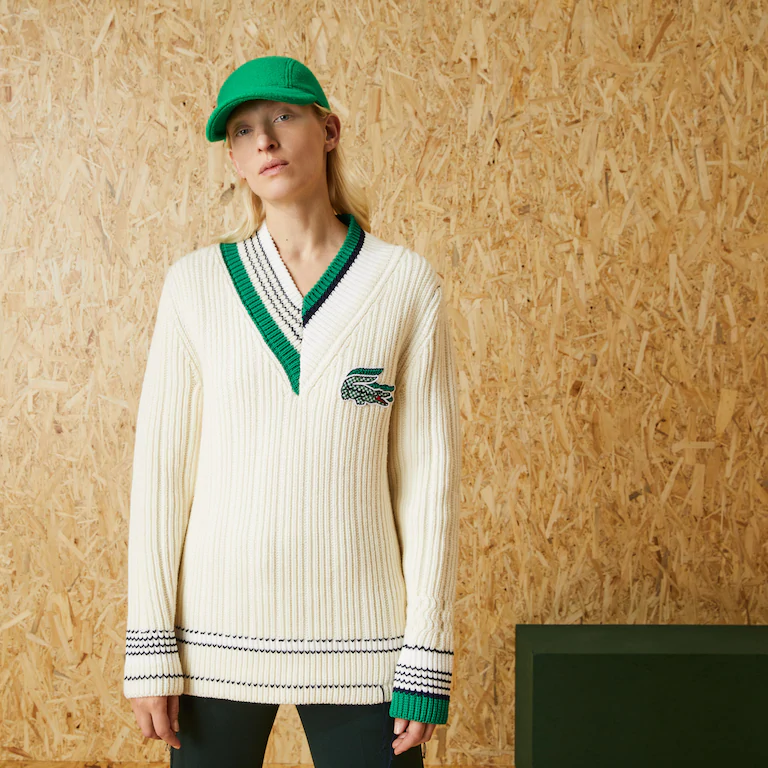 Pull à col V en laine torsadée Édition Défilé Lacoste Beige / Blanc