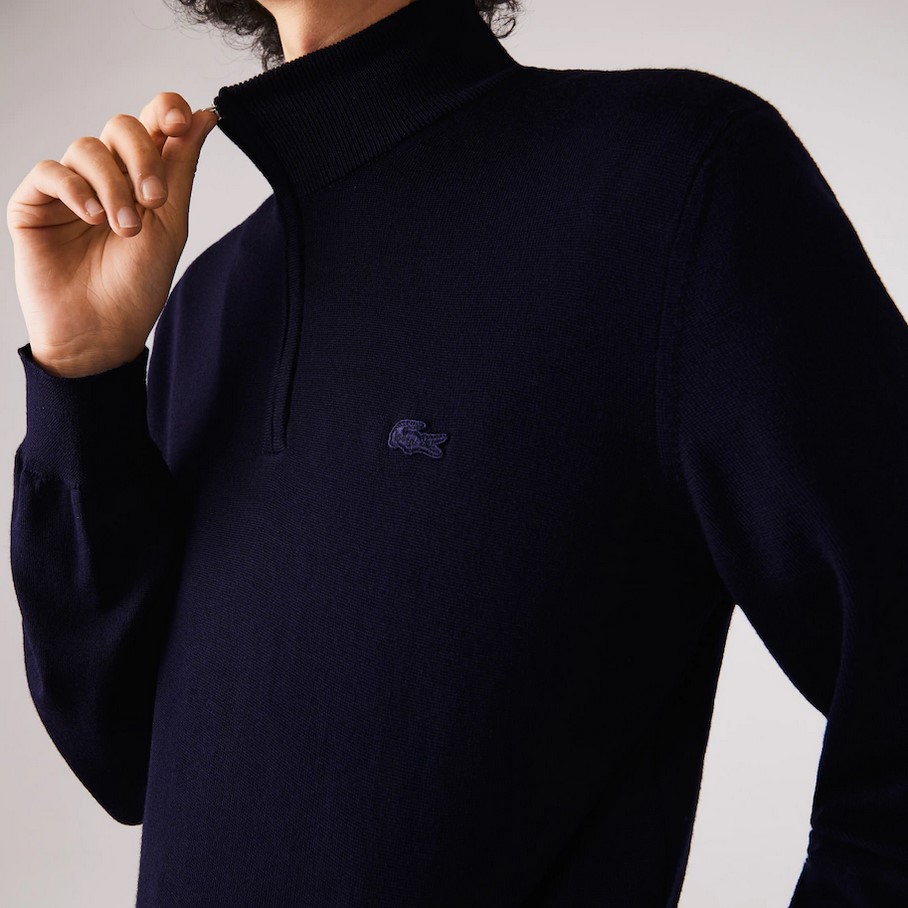 Pull camionneur Lacoste en laine mérinos unie Bleu Marine