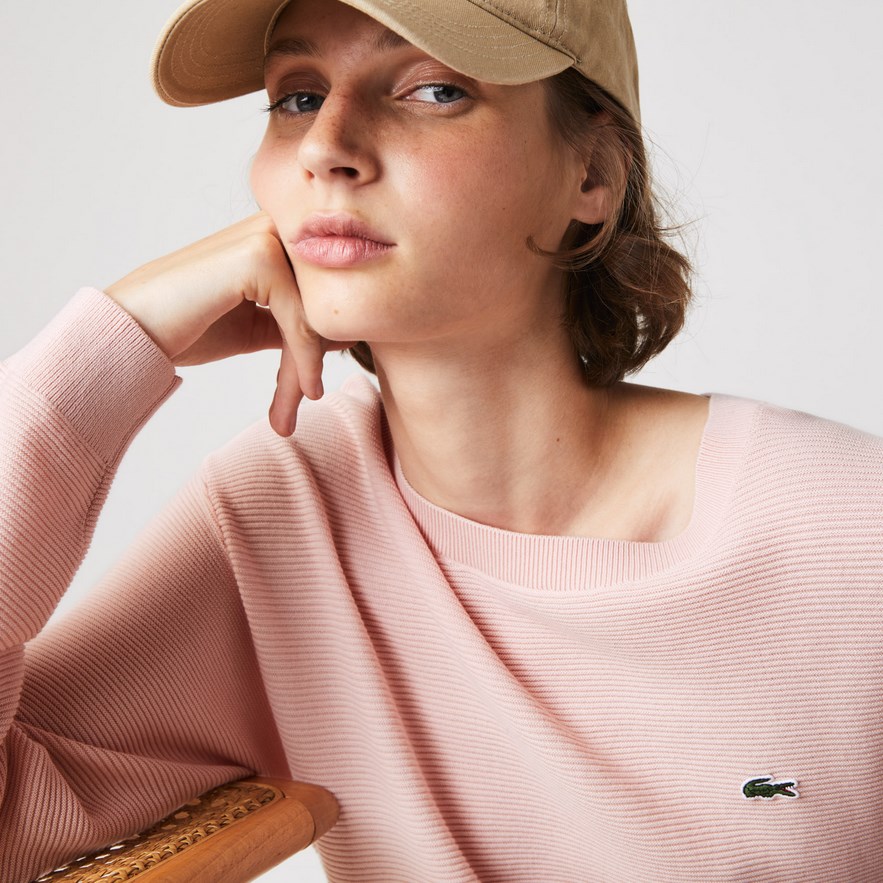 Pull col bateau Lacoste en coton chiné texturé Rose Pale