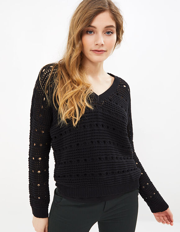 Pull noir tricot ajouré I.Code IKKS avec boutons strass épaule