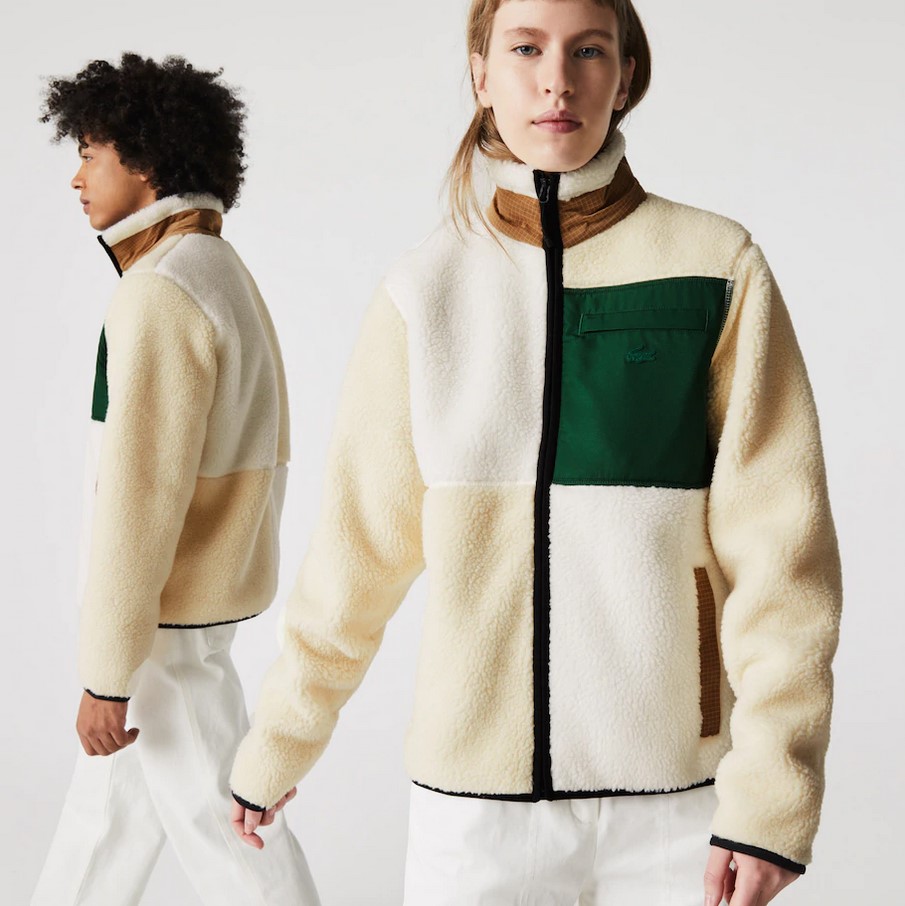 Sweatshirt unisexe Lacoste LIVE loose fit en polaire sherpa color-block Beige/Blanc