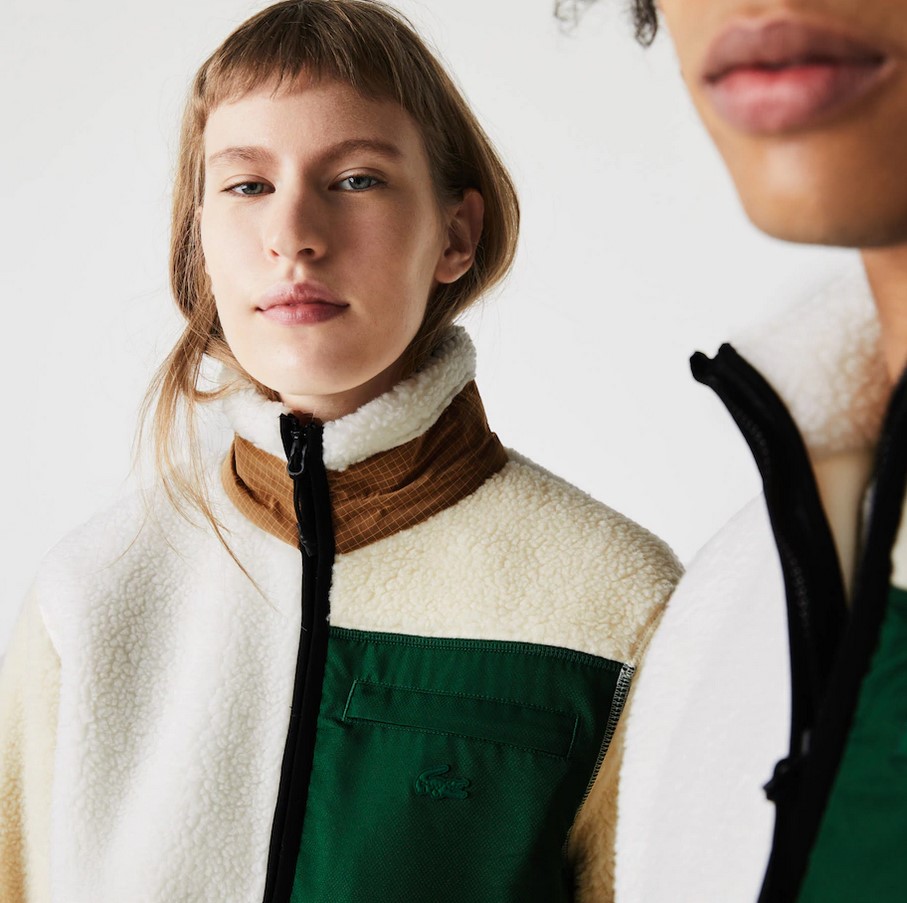 Sweatshirt unisexe Lacoste LIVE loose fit en polaire sherpa color-block Beige/Blanc