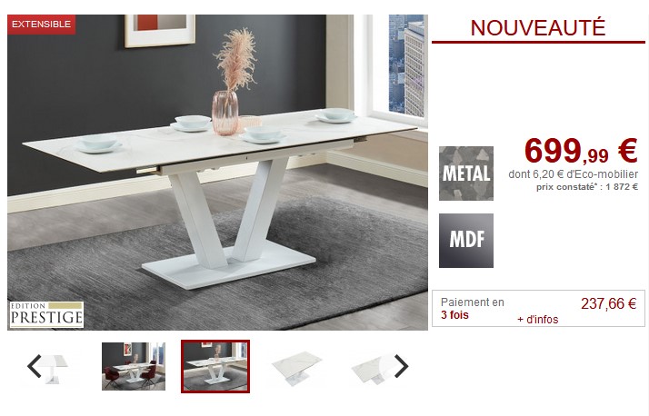 Table à manger extensible NANOMA 6 à 8 couverts Céramique et Métal Blanc