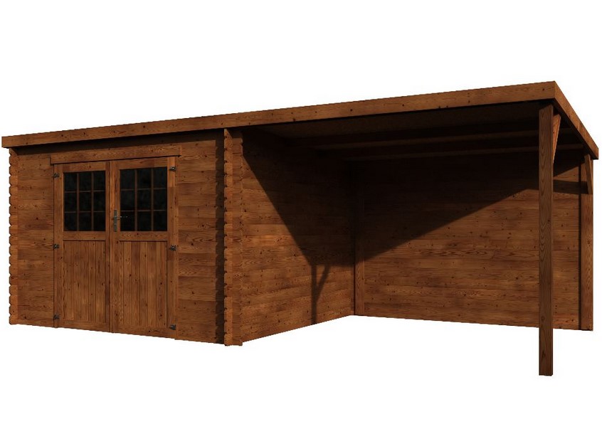 Abri de jardin bois traité EDEN toit plat avec auvent 18,31 m² Ep. 28 mm 