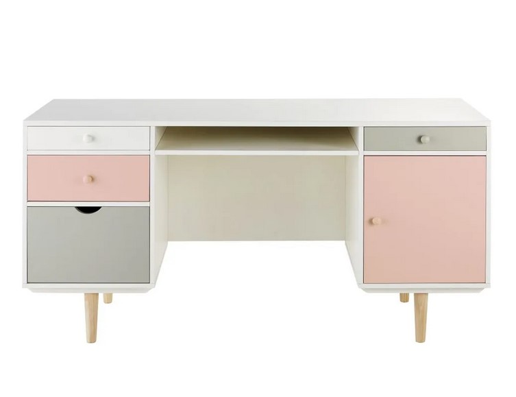 Bureau BLUSH 1 porte 4 tiroirs blanc gris et rose - Maisons du Monde