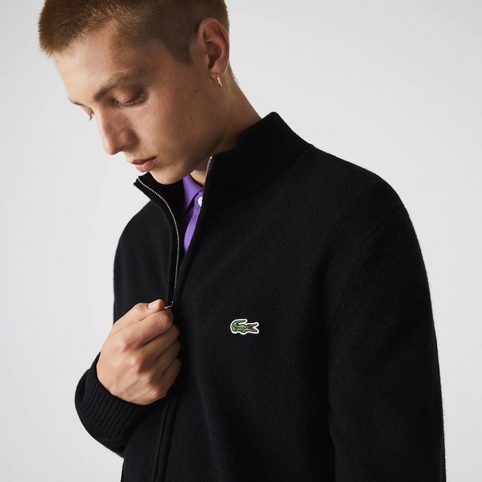 Cardigan zippé à col montant Lacoste en laine unie noir 