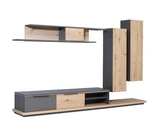 Ensemble meuble TV  GREY STAR 3 portes 2 tiroirs Décor chêne et gris