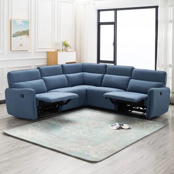Canapé d'angle LANDON avec 2 places relax électrique et manuel Tissu Bleu