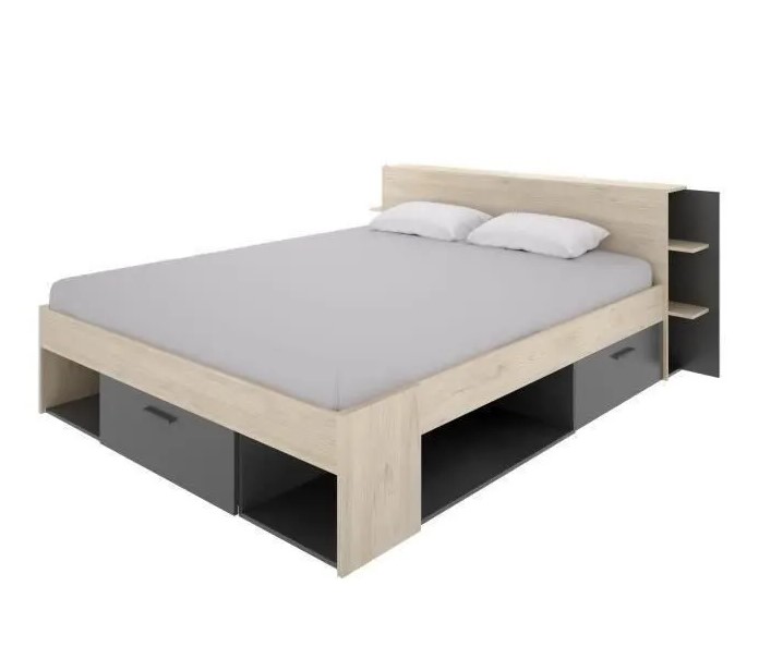 SAX Lit adulte 160x200 cm 3 tiroirs + Tête de lit avec rangement