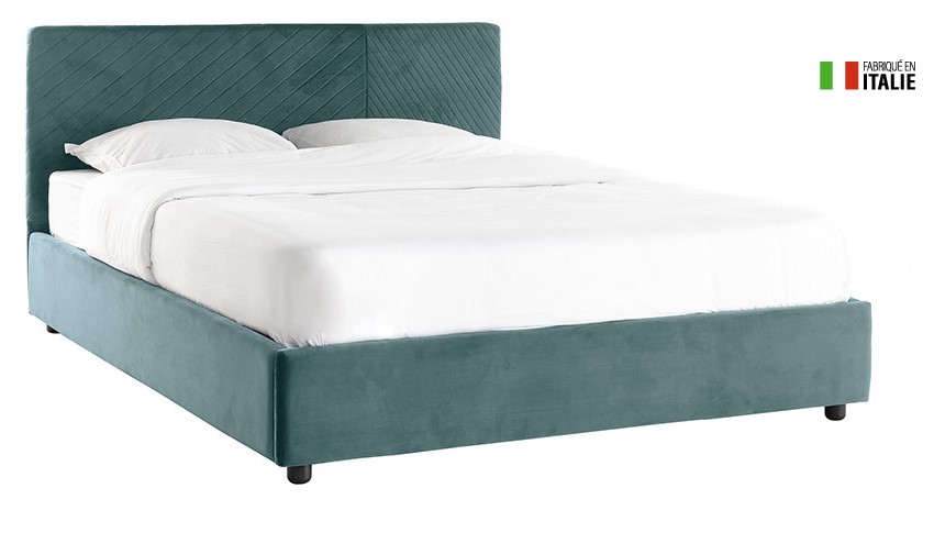 Lit coffre 160 x 200 cm RIGA avec sommier et tête de lit à motif en velours bleu paon