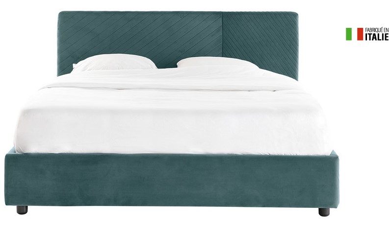 Lit coffre 160 x 200 cm RIGA avec sommier et tête de lit à motif en velours bleu paon 