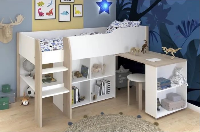 Lit Combiné Enfant LIAM 90x200 cm Décor blanc et chêne jackson