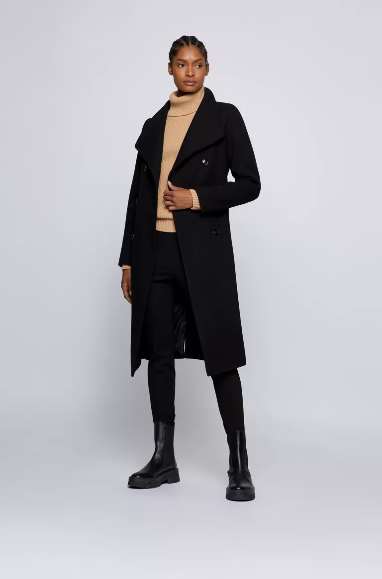 BOSS CEDANIA Manteau croisé en twill de laine mélangée à col montant noir