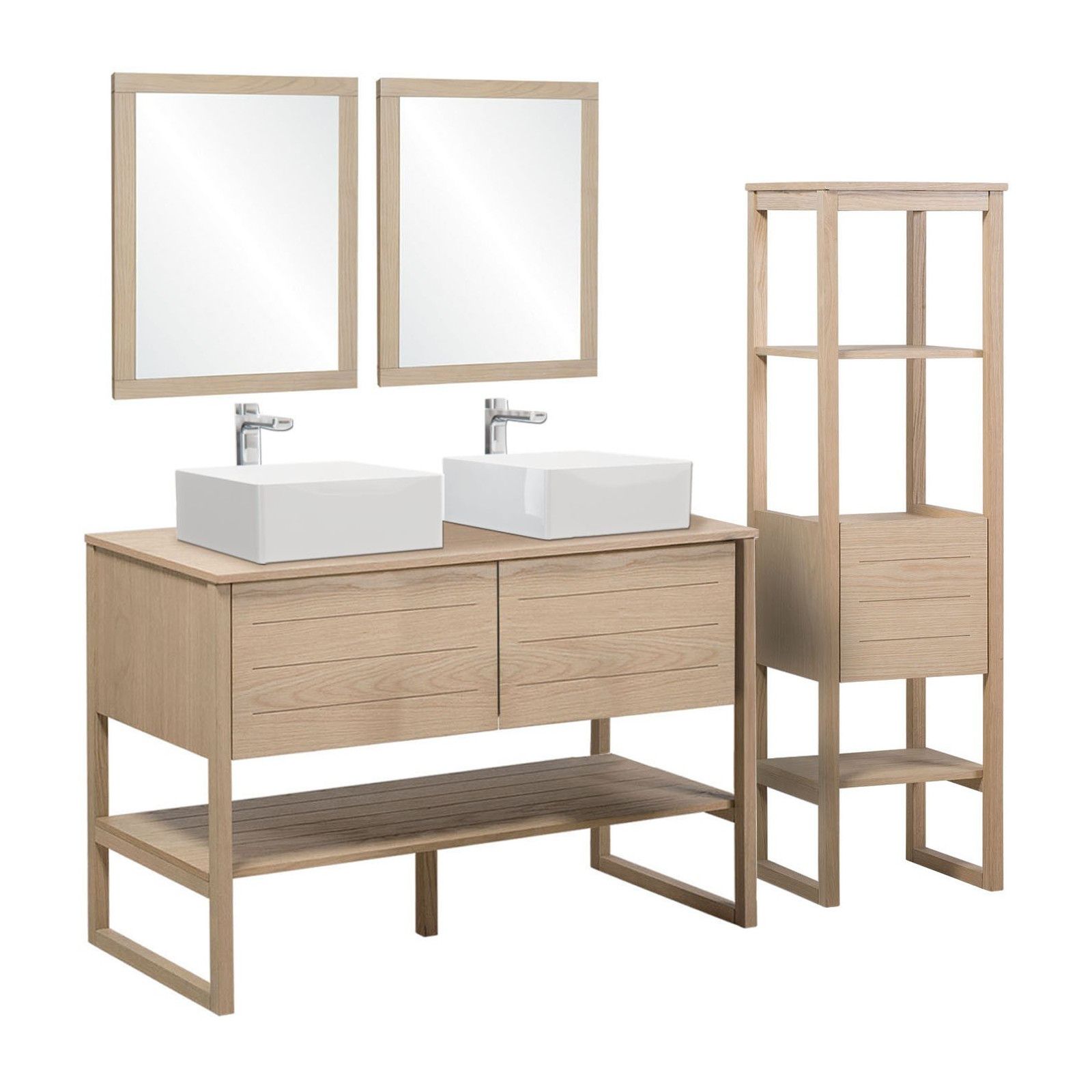 Meuble salle de bain ATOLL avec Colonne, Vasques, Miroirs effet bois clair