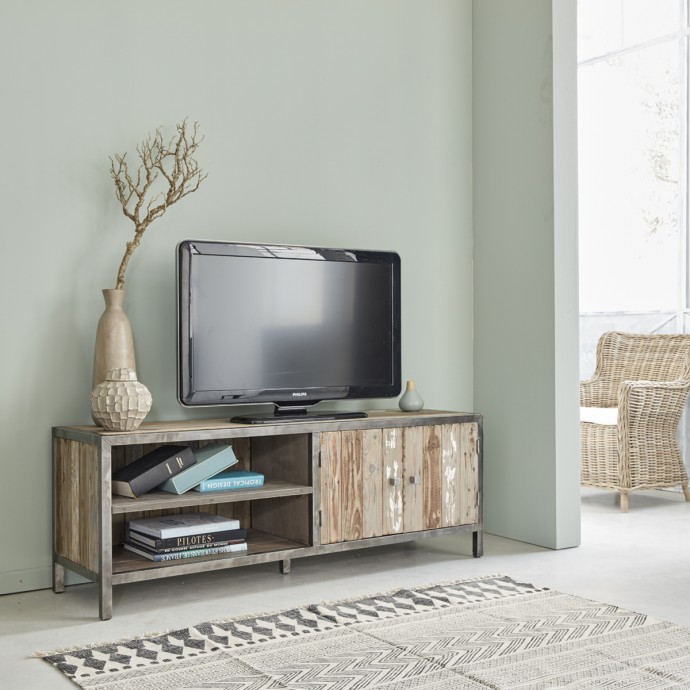 Meuble TV 150 INDUS en bois de pin recyclé et métal